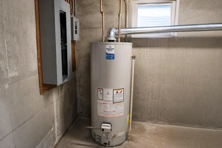 Bradford White gas tank water heater professionally installed in a Capital Region basement with code-safe copper supply lines, gas piping and galvanized venting by Empire State Plumbing