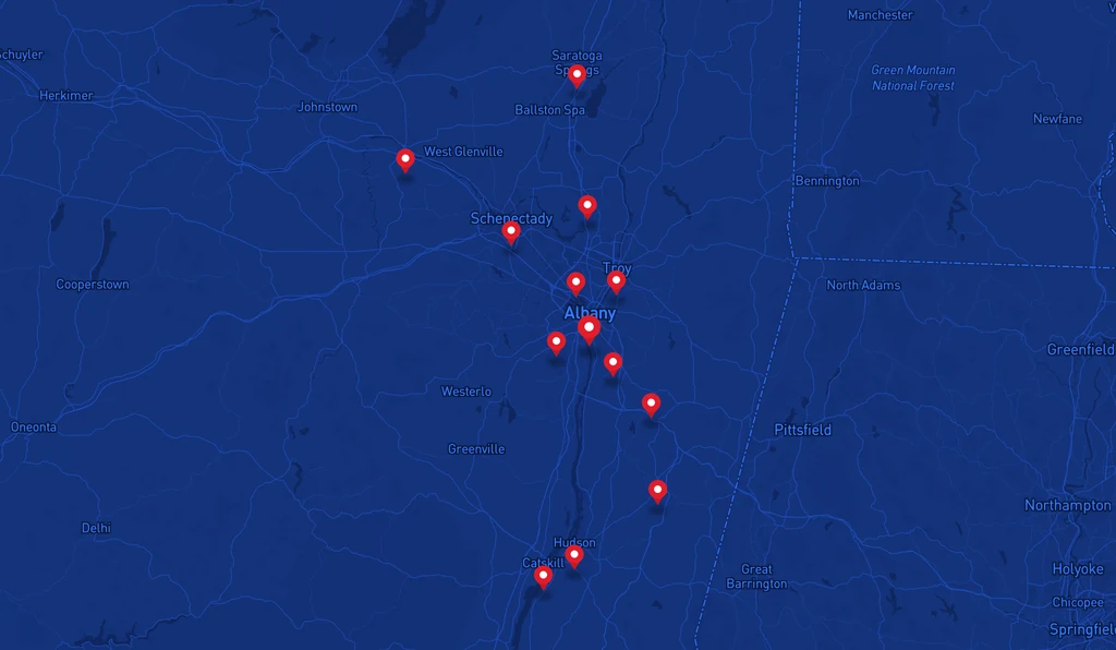 Map of Empire State Plumbing's New York Capital Region service area with markers in Saratoga Springs, Amsterdam, Schenectady, Troy, Albany, Hudson, Chatham and Catskill