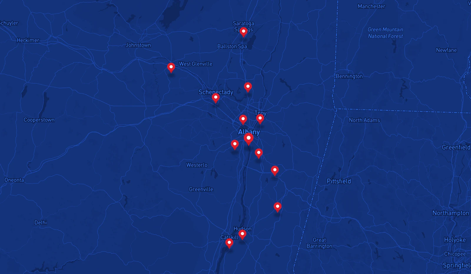 Map of Empire State Plumbing's New York Capital Region service area with markers in Saratoga Springs, Amsterdam, Schenectady, Troy, Albany, Hudson, Chatham and Catskill
