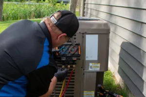 Empire State Plumbing technician checking an outdoor air conditioning condenser with digital refrigerant gauges
