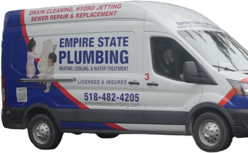Empire State Plumbing service van, side view — Empire State Plumbing lettering with Heating, Cooling & Water Treatment, Licensed & Insured, 518-482-4205 and empirestateplumbing.com on the wrap