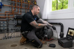 Empire State Plumbing technician running a sewer camera inspection down a drain line into a black iron pipe