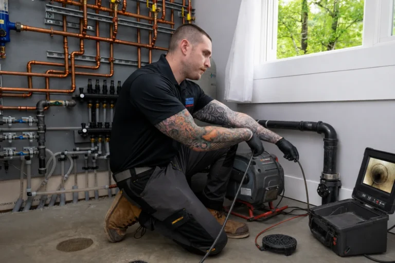 Empire State Plumbing technician running a sewer camera inspection down a drain line into a black iron pipe