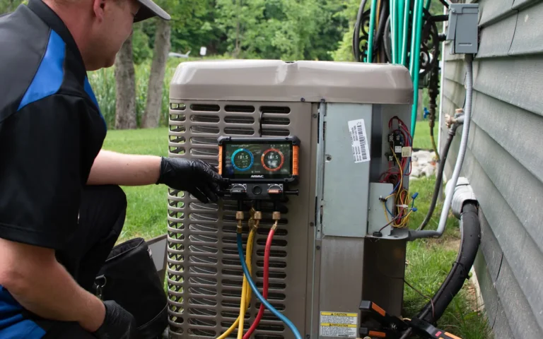 Empire State Plumbing technician connecting digital manifold gauges to a central air conditioning condenser outside a Capital Region home