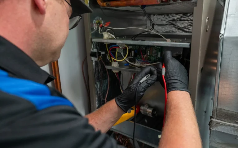 Empire State Plumbing technician testing the control board of a gas furnace with multimeter leads, gloves on