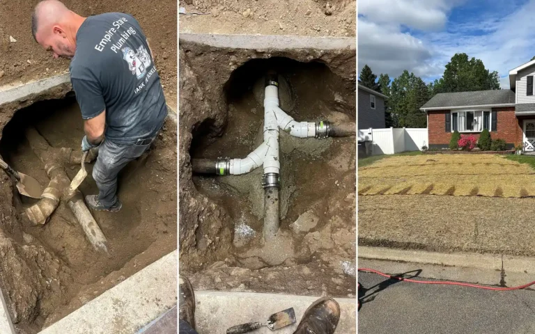 Three-frame strip: Empire State Plumbing technician excavating a sewer line trench, the newly joined replacement pipe, then the yard re-seeded and restored