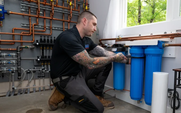 Empire State Plumbing technician connecting a whole-home water filtration and softener system's copper supply lines