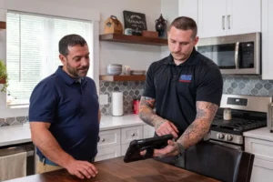 Empire State Plumbing technician showing a homeowner options on a tablet in the kitchen