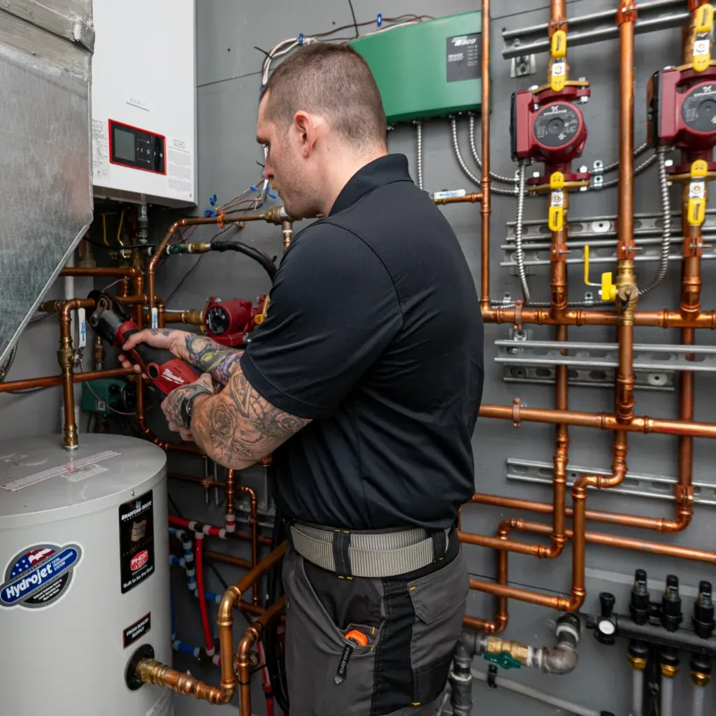 Empire State Plumbing technician connecting copper piping on a Bradford White water heater and boiler system in a Capital Region mechanical room