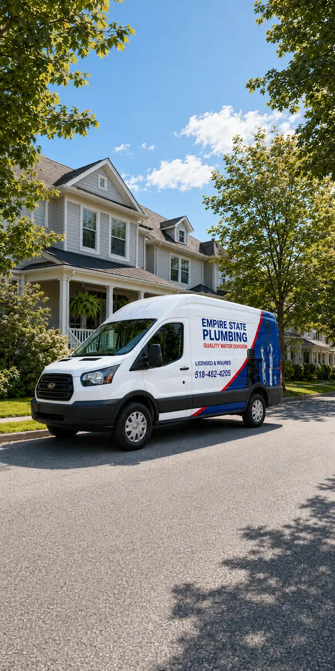 White Empire State Plumbing service van parked on a sunny tree-lined Capital Region residential street, branding and 518-482-4205 visible