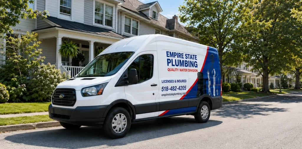 White Empire State Plumbing service van with Quality Water Division branding parked on a sunny tree-lined Capital Region residential street