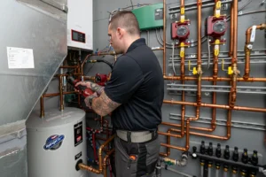 Empire State Plumbing technician servicing a water heater and copper pipe manifold