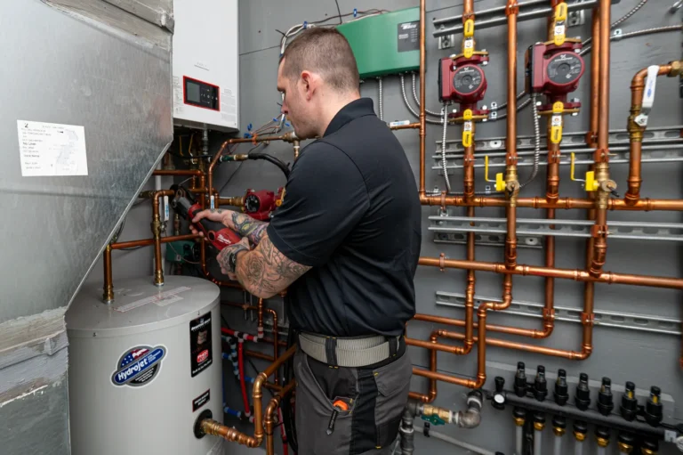 Empire State Plumbing technician servicing a water heater and copper pipe manifold